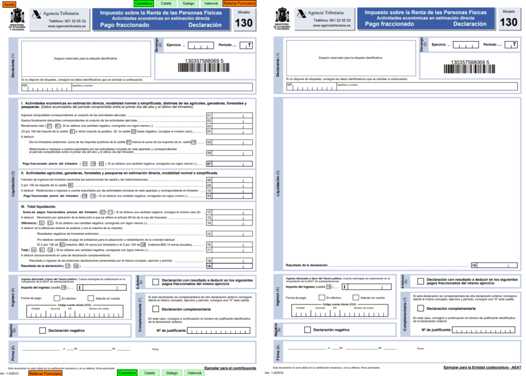 Modelo 130 Impuestos sobre la rentas de las personas